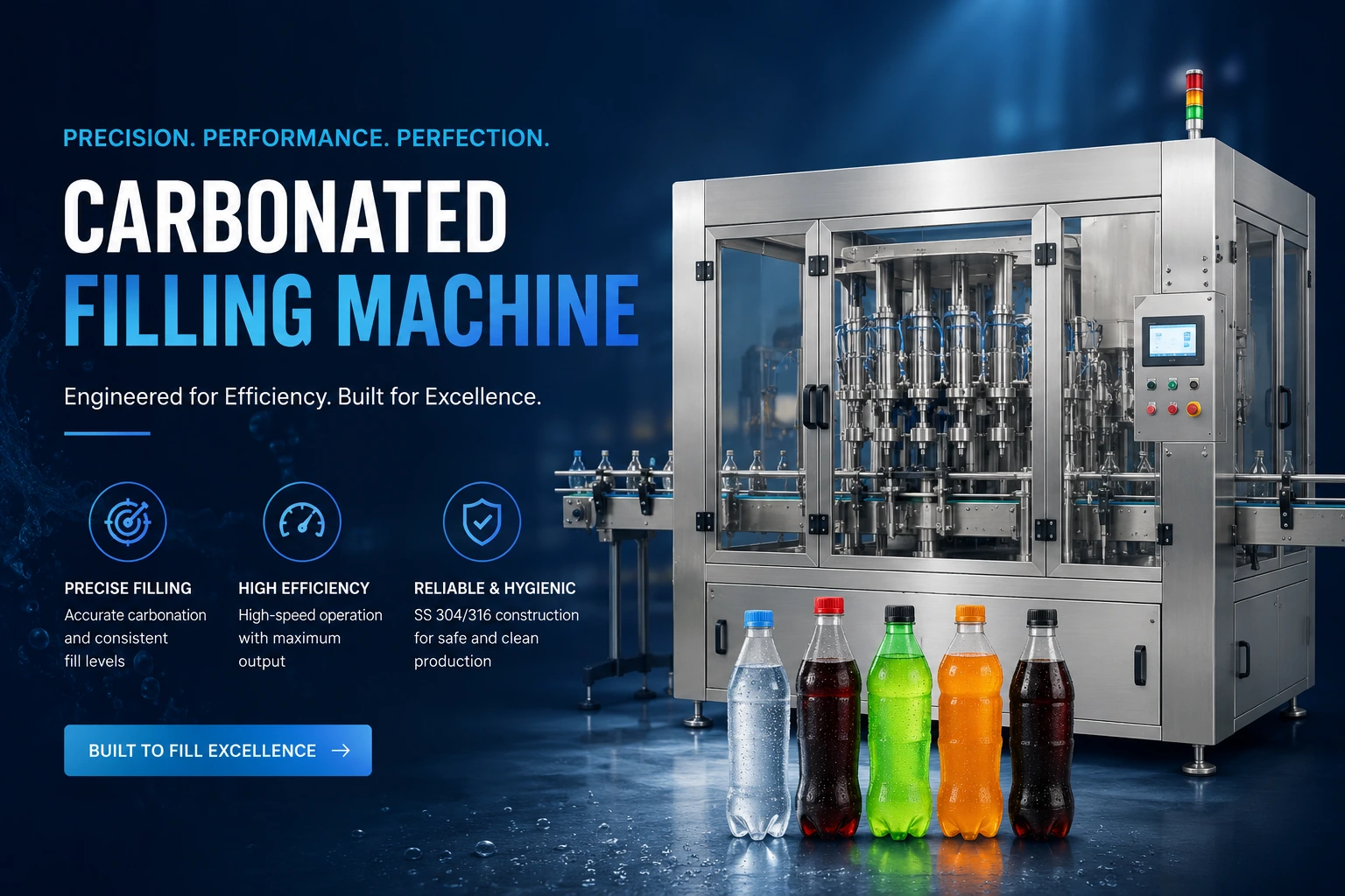 Carbonated filling machine for sparkling drinks, with precision filling, high efficiency and hygienic production features